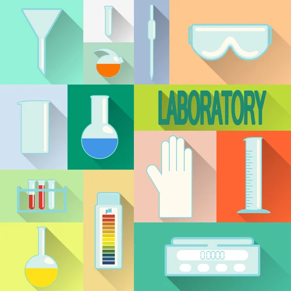 Artículos de vidrio de laboratorio, frascos químicos. Bombillas de laboratorio . — Vector de stock