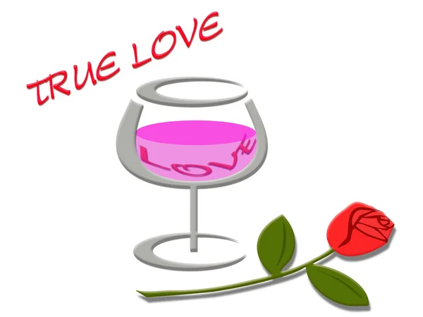 Concetto d'amore con parola d'amore in bicchiere di vino e sfondo rosa — Foto Stock