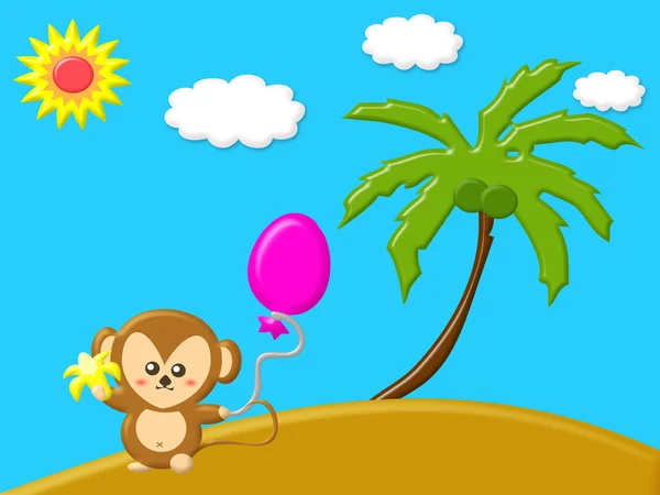 Χαρακτήρα κινουμένων σχεδίων με μαϊμού κρατώντας μπανάνα και μπαλόνι στην παραλία νησί — Φωτογραφία Αρχείου