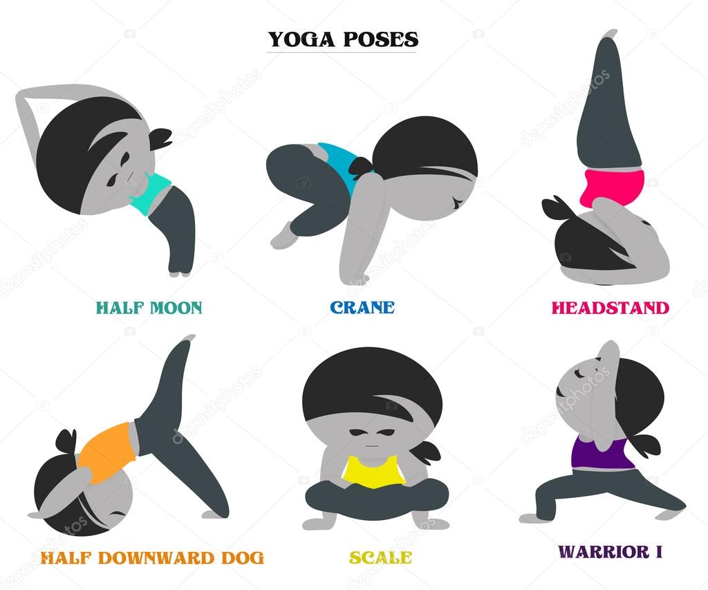 Set of different yoga pose list with names and funny young people cartoon.  Diverse characters doing healthy fitness exercise. Includes tree, cow, came  Stock Vector Image & Art - Alamy
