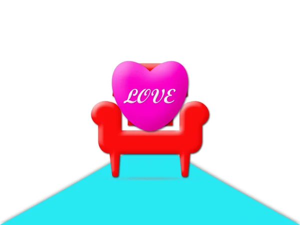 Love concept by cuscino cuore rosa sulla sedia rossa e tappeto blu b — Foto Stock