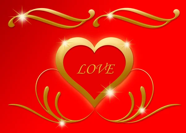 Amor en el corazón con fondo de flora dorada para el día de San Valentín — Foto de Stock