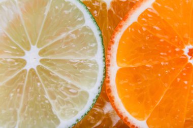 Narenciye dilimlenmiş: portakal, mandalina, limon, limon, tatlım, greyfurt, cadının süpürge yakın çekim makro