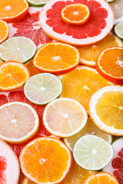 Szeletelt citrus: narancs, mandarin, citrom, lime, kicsim, grépfrút, boszorkány seprű makró makró — Stock Fotó