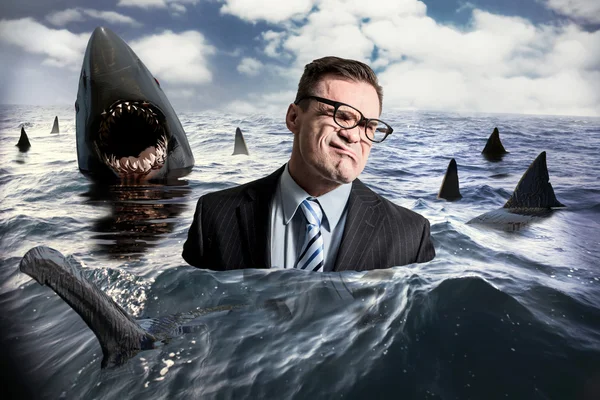 นักธุรกิจและฉลามในทะเล — ภาพถ่ายสต็อก