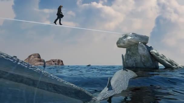 El hombre de negocios va en una cuerda floja a través del abismo, 3D render — Vídeos de Stock