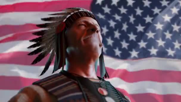 Indianer auf dem Hintergrund der Flagge Amerikas, 3D-Rendering — Stockvideo