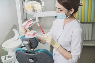 kadın dişçi tıbbi yüz maskesi ve takma diş hastanesinde iş yerinde dizi