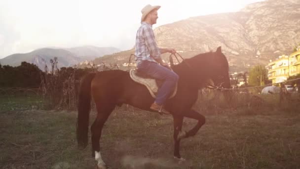 Cowboy Horse Nice Sunset — Stock Video