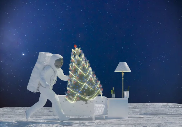 Astronauta Celebra Año Nuevo Navidad Frente Árbol Navidad Festivo Render —  Fotos de Stock
