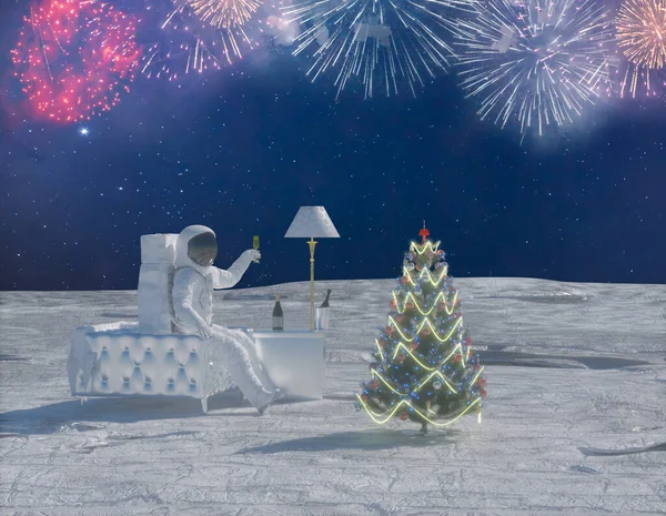 Astronauta Celebra Año Nuevo Navidad Frente Árbol Navidad Festivo Render —  Fotos de Stock