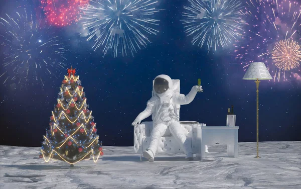 Astronauta Celebra Año Nuevo Navidad Frente Árbol Navidad Festivo Render —  Fotos de Stock