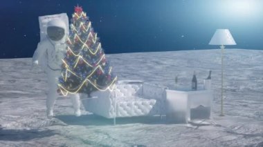 Uzay adamı yeni yılı ve Noel 'i kutluyor 3D bir Noel ağacı önünde.