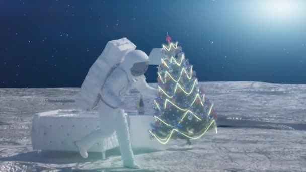 Ruimtevaarder Viert Nieuwjaar Kerstmis Voorkant Van Een Feestelijke Kerstboom Render — Stockvideo