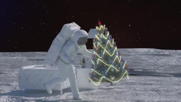 Spaceman Célèbre Nouvel Noël Devant Arbre Noël Festif Rendu — Video