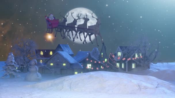 驯鹿雪橇上的圣诞老人在月亮的背景下飞翔 美丽的圣诞3D渲染动画 — 图库视频影像