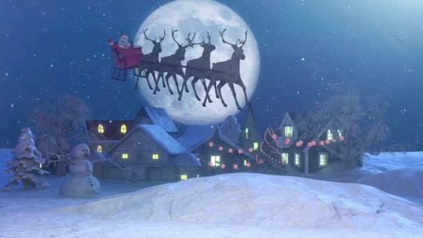 Babbo Natale Una Slitta Renna Volare Sullo Sfondo Della Luna — Video Stock