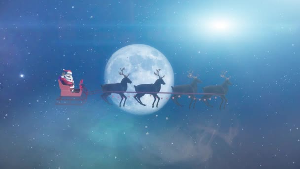 Santa Claus Sobích Sáňkách Létání Pozadí Měsíce Krásné Vánoce Vykreslení — Stock video