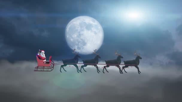 Babbo Natale Una Slitta Renna Volare Sullo Sfondo Della Luna — Video Stock