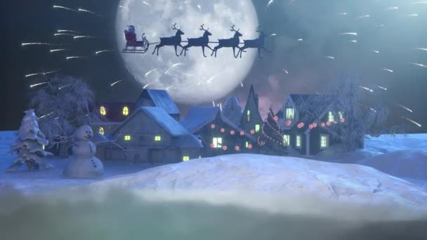 驯鹿雪橇上的圣诞老人在月亮的背景下飞翔 美丽的圣诞3D渲染动画 — 图库视频影像