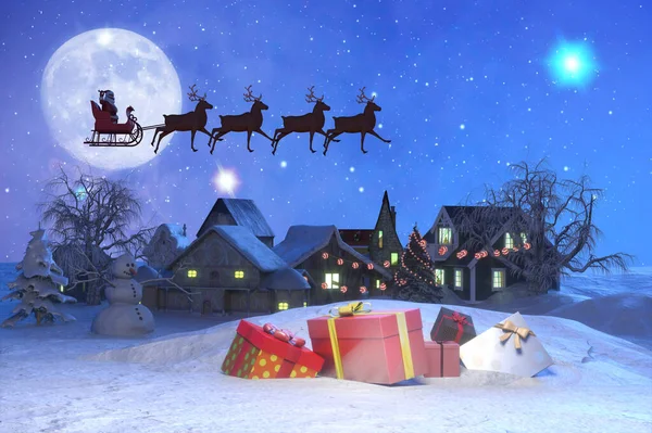 Papá Noel Trineo Renos Volando Sobre Fondo Luna Hermosa Navidad — Foto de Stock