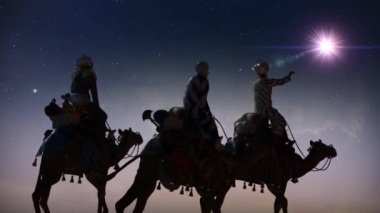 Üç bilge ve parlayan yıldızlı Hristiyan Noel sahnesi.