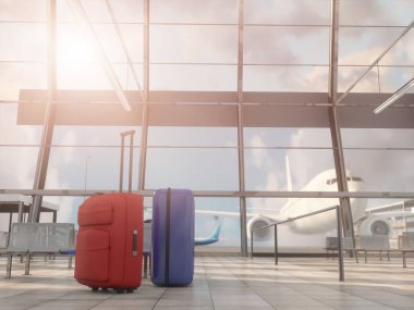 Arka planda uçak olan boş bir havaalanı terminali. 3d biçimlendir