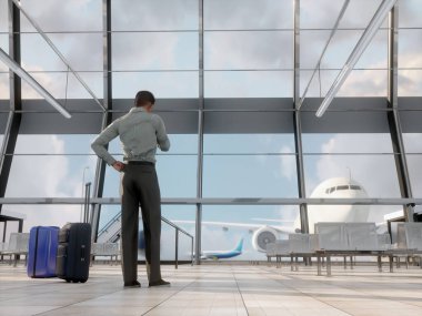 Arka planda uçak olan boş bir havaalanı terminali. 3d biçimlendir