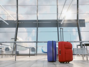 Arka planda uçak olan boş bir havaalanı terminali. 3d biçimlendir