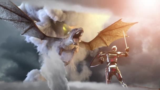 Рыцарь Сражается Дракон Дракон Против Человека Рендерить — стоковое видео