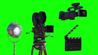 video kamera ve sinema öğeleri, film veya televizyon yeşil arkaplan döngüsü 3D
