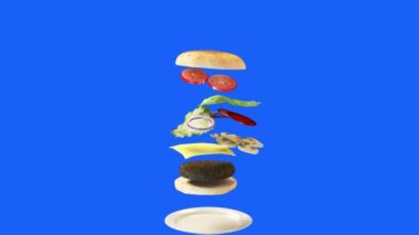 Arka planda uçan dönen malzemelerle dolu büyük lezzetli bir burger. İzole edilmiş. Sonsuz döngü. 3d biçimlendir
