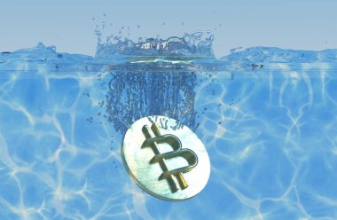 Bitcoin krizinin bir sembolü olarak batan bitcoin, kripto para birimi finans piyasası çöküş konsepti okyanus 3D render
