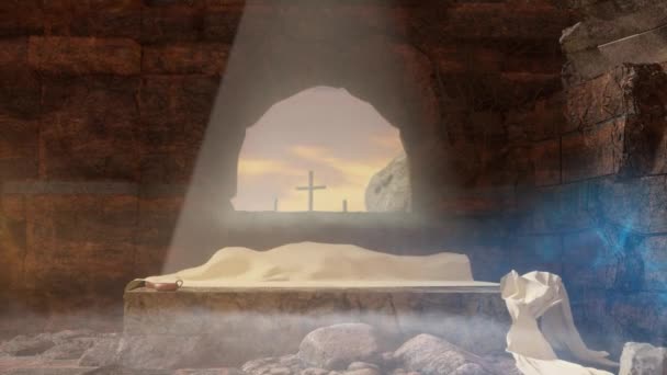 十字架刑と復活 十字架を背景にイエスの墓を空にします 復活祭または復活の概念 3Dレンダリング — ストック動画