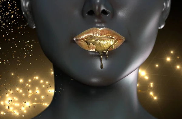 Gold metal lips. Beautiful makeup. Sexy lips, bright lip gloss paint on beauty African American model girl\'s mouth