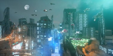geleceğin siber punk şehri 3D oluşturucu