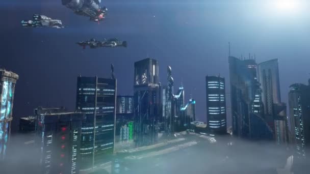 Futuristisk Stad Abstrakt Modern Sci Ljus Neon Framtid Panorama Futuristisk — Stockvideo