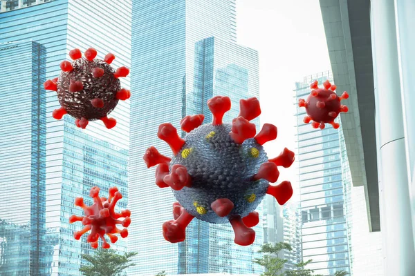 Virusdeeltjes Achtergrond Van Stad Maken — Stockfoto