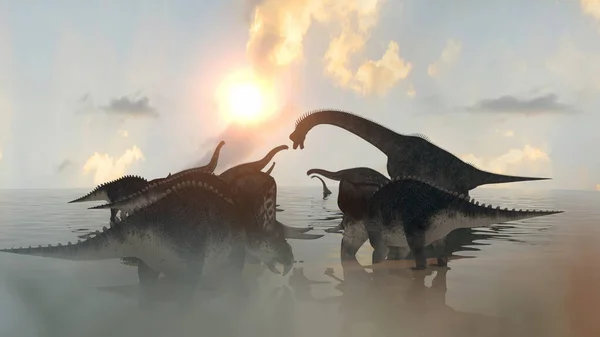 Dinosaurier Vid Solnedgången Återger — Stockfoto