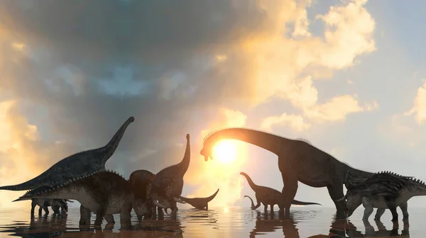 Dinossauros Pôr Sol Renderizar — Fotografia de Stock