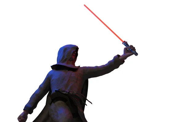 Człowiek Trzyma Miecz Świetlny Laserowy Dłoniach Renderuje — Zdjęcie stockowe