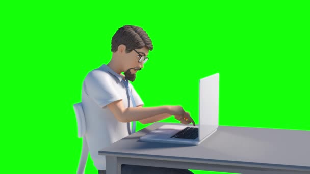 Cartoon Geanimeerd Een Zakenman Werkt Een Computer Laptop Kreeg Het — Stockvideo