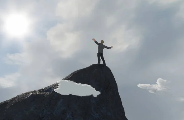 事業を成功させ目標を達成するという概念を山の頂上にいるビジネスマンは3Dをレンダリングします — ストック写真