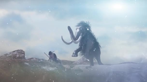 Древний Первобытный Пещерный Человек Охотится Мамонта Рендерит — стоковое видео