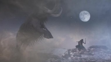 Eski bir ilkel mağara adamı bir mamut avlar.