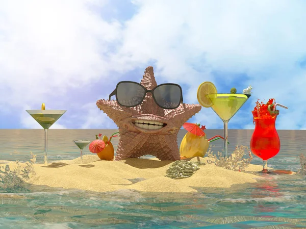 Смішна Зірка Сонцезахисних Окулярах Пляжі Пляжними Коктейлями Символ Відпочинку Туризму — стокове фото