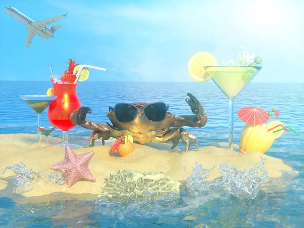 Смішний Краб Сонцезахисних Окулярах Пляжі Пляжними Коктейлями Символ Реставрації Туризму — стокове фото