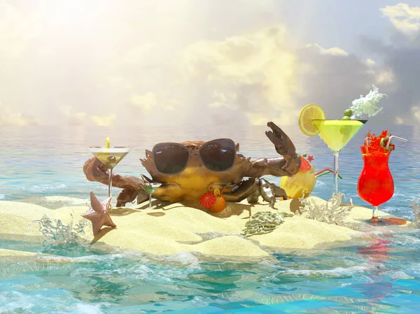 Смішний Краб Сонцезахисних Окулярах Пляжі Пляжними Коктейлями Символ Реставрації Туризму — стокове фото