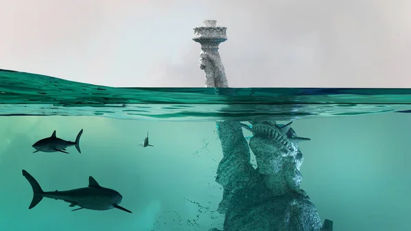 Статуя Свободи Під Водою Америка Затопила Нью Йорк Зображення — стокове фото