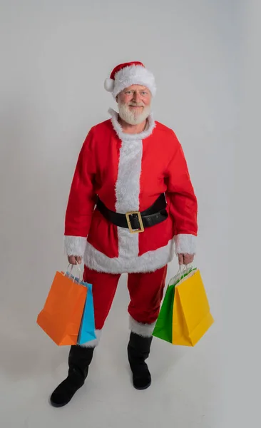 Grey Hair Bearded Santa Claus Shopping Hold Mas Christmas Bags — Stock Photo, Image